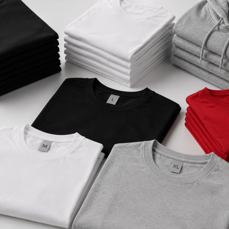 Tallas, colores y cantidades Camisetas personalizadas organizadas por tallas, colores y cantidades para preparar pedidos a medida