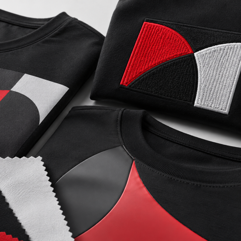 Opciones de personalización textil Opciones de personalización textil para camisetas con diferentes acabados como impresión, vinilo o bordado