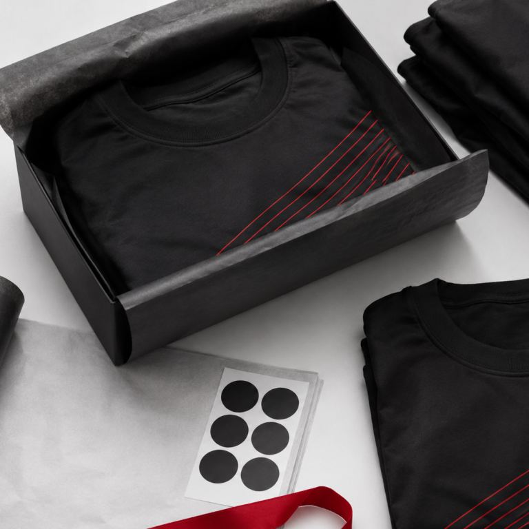 Preparación del pedido personalizado Pedido de camisetas personalizadas preparado con cuidado, prendas dobladas y acabado profesional en Bierzogring