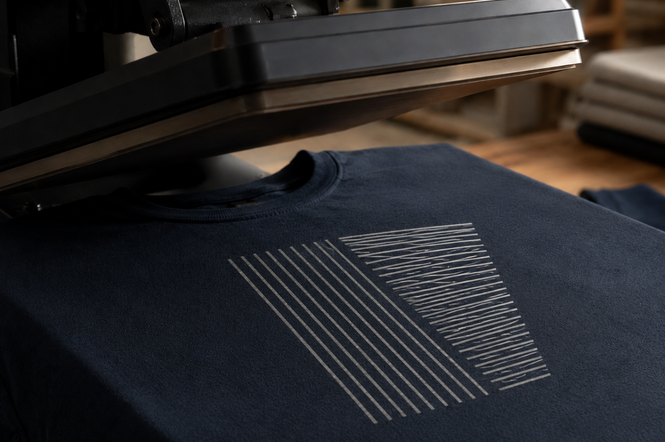 Estampación textil precisa en prendas personalizadas Detalle de estampación textil precisa sobre camiseta personalizada con prensa térmica
