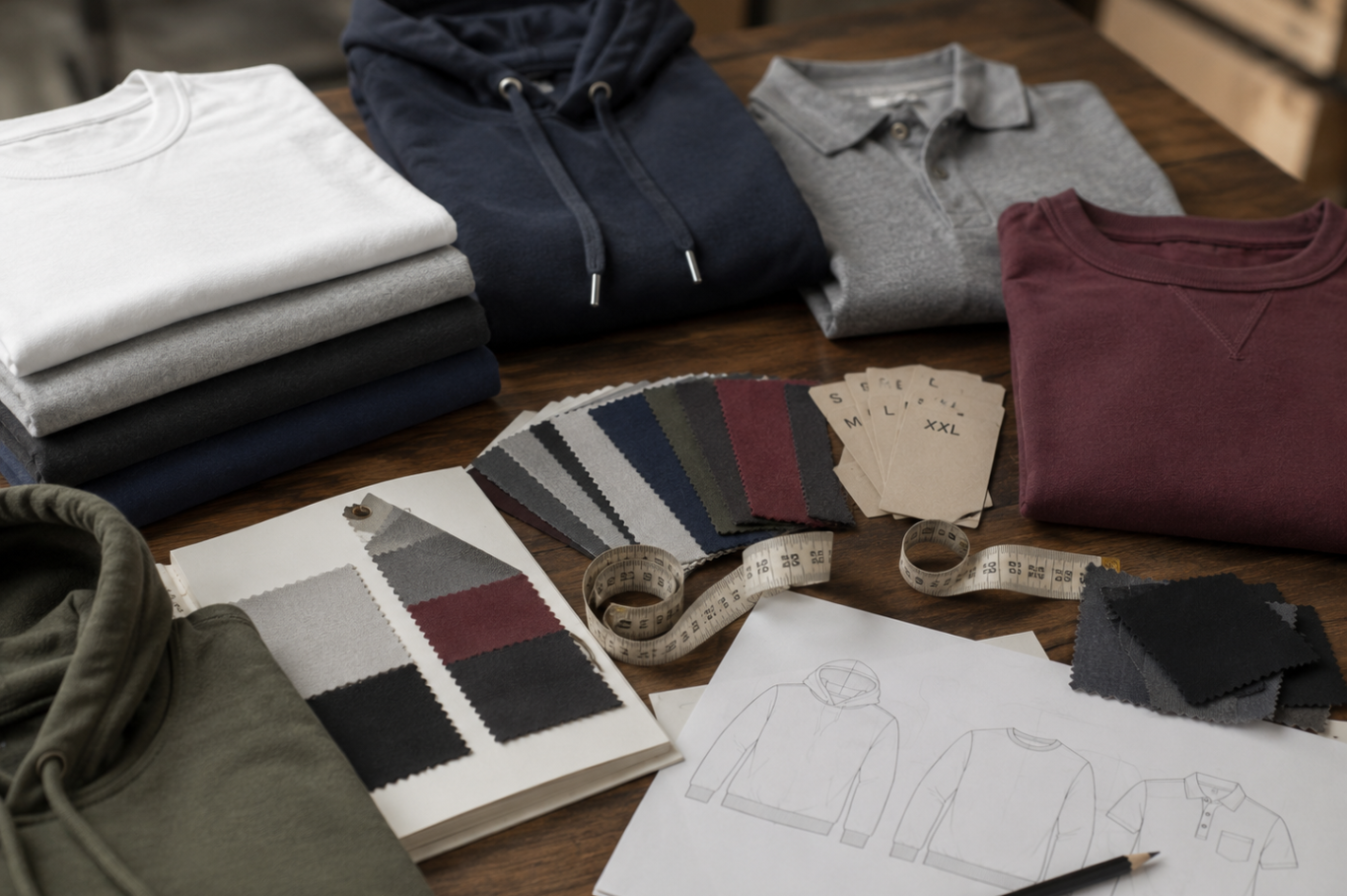 Asesoramiento para prendas personalizadas Muestras de tejidos, tallas y bocetos para asesoramiento en personalización textil